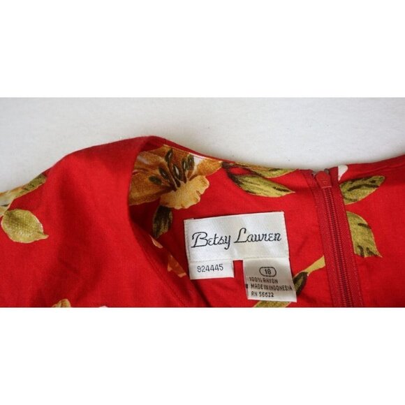 BETSY LAUREN VTG 90s WOMEN'S RED FLORAL TIGER PRINT SHORT SLEEVE MIDI  DRESS 18 - Picture 4 of 8